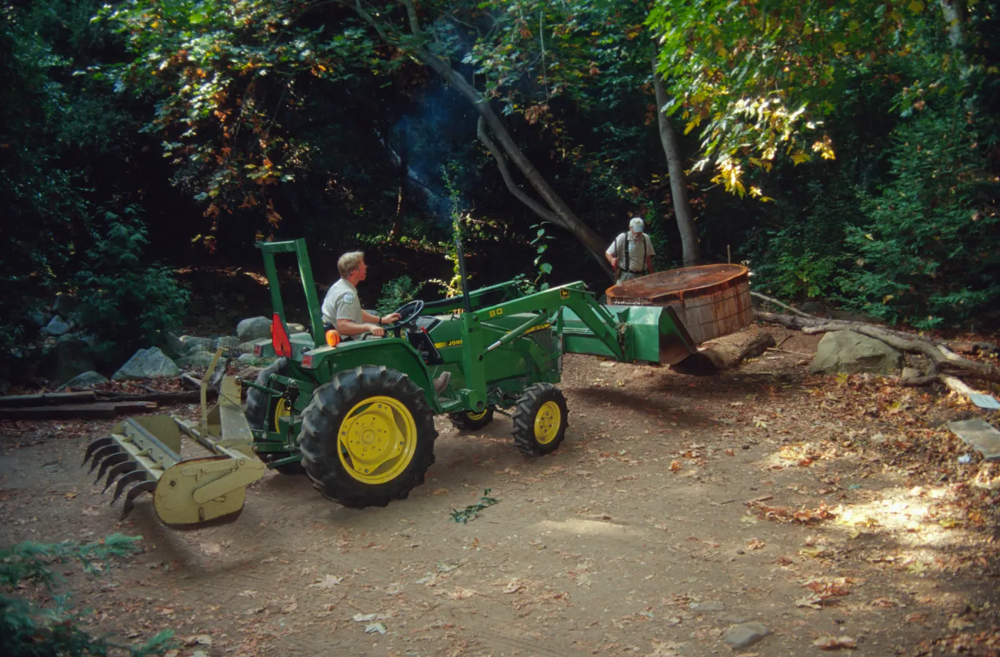 Dave Kershaw on tractor, Moving the redwood cross-section, Redwood Section