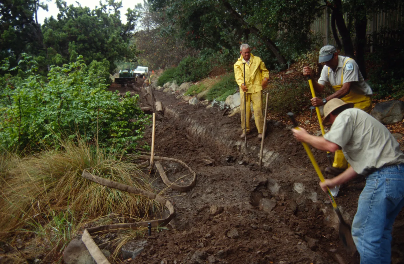 SBBG Grounds staff work to repair a broken water main in the Meadow
