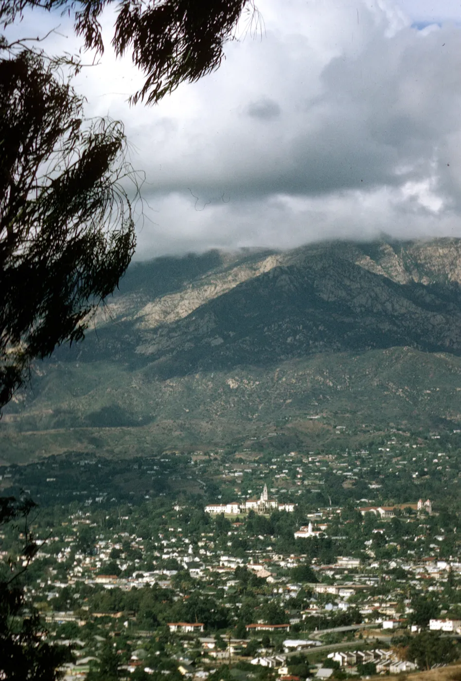 view of Santa Barbara Mission and St. Anthony's Seminary, from the mesa toward the Santa Ynez Mountains