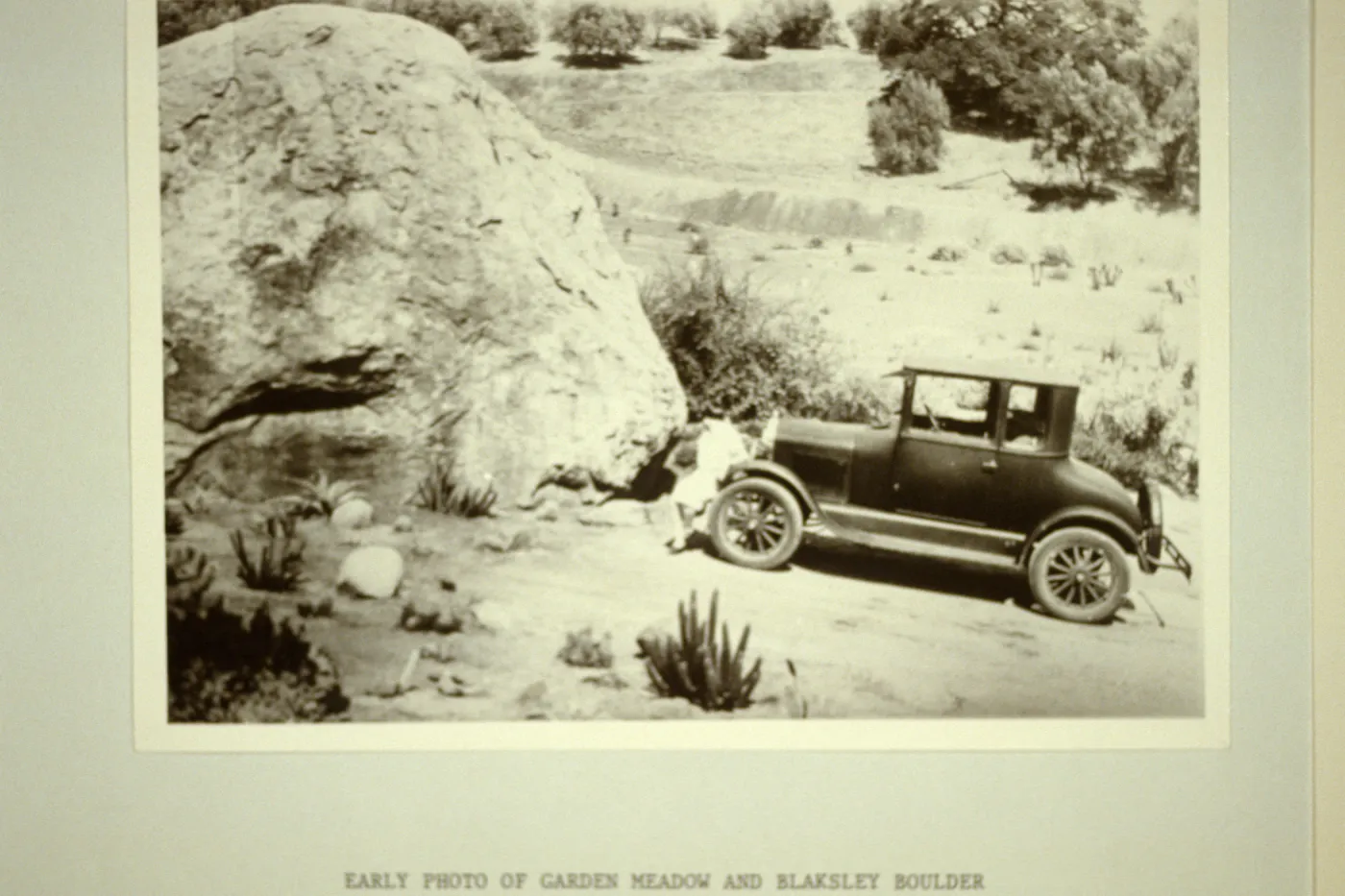 'early photo of garden Meadow and Blaksley Boulder' lady sitting on front of old automobile