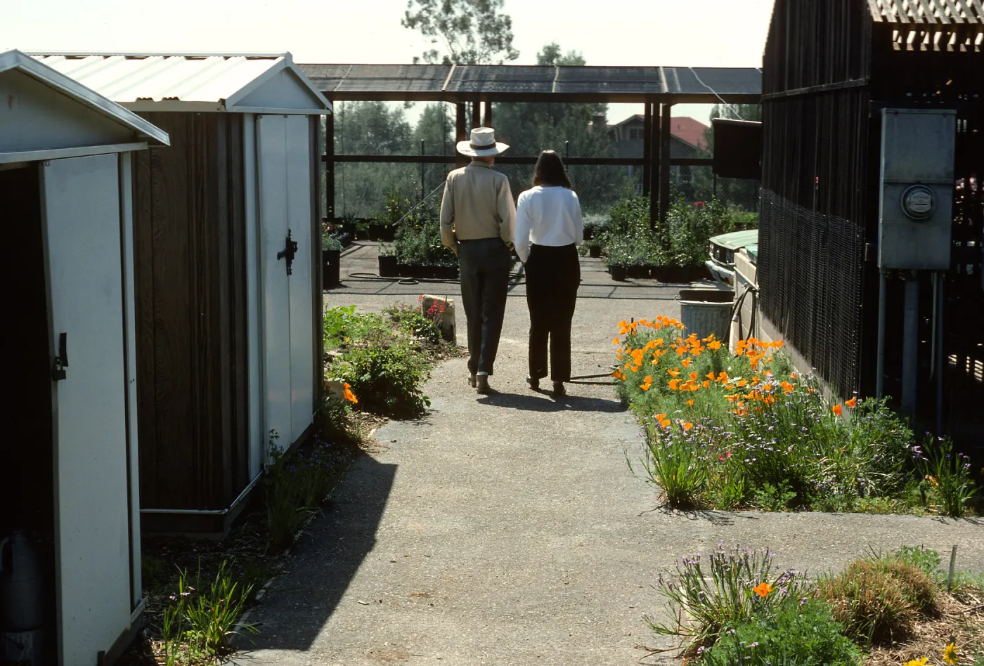Nancy Hawver and Dara Emery recording for Oral History Program, Hort Unit, metal sheds