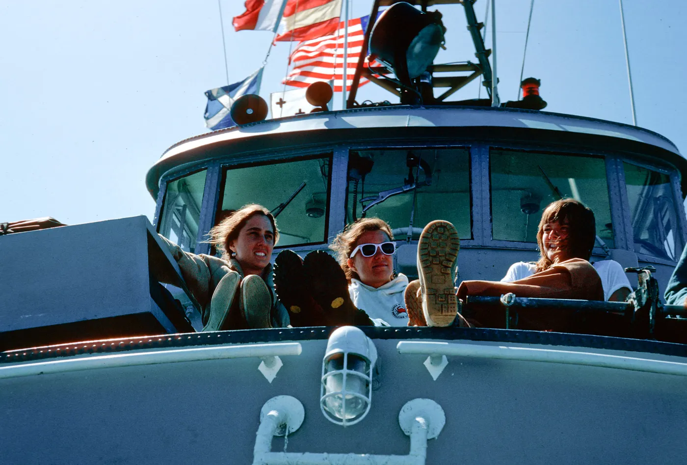 Karen, Janet, Toni, navy boat, Santa Cruz Island