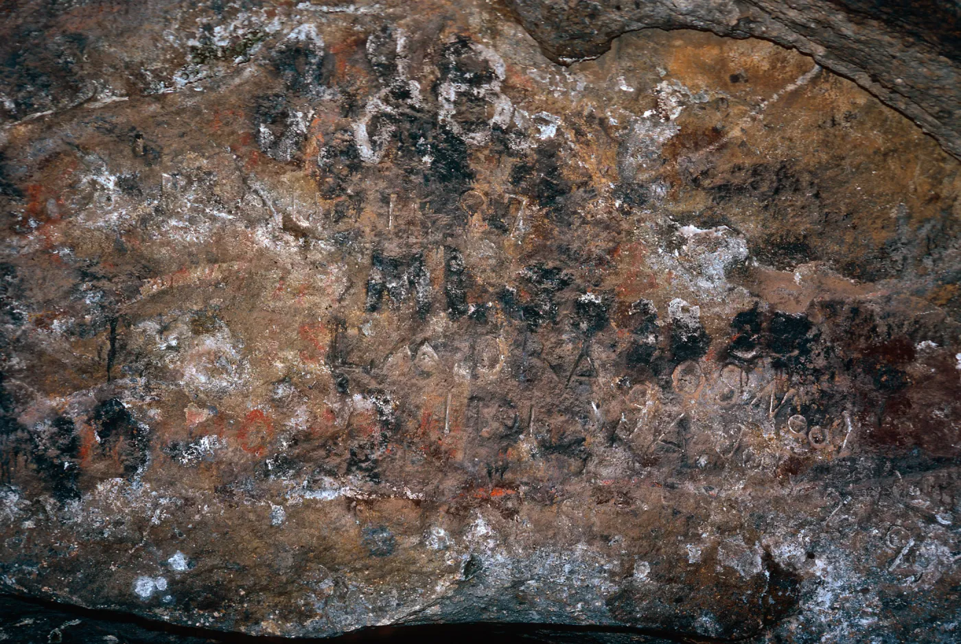 Inscriptions, East entrance, Cueva Valdez, Santa Cruz Island
