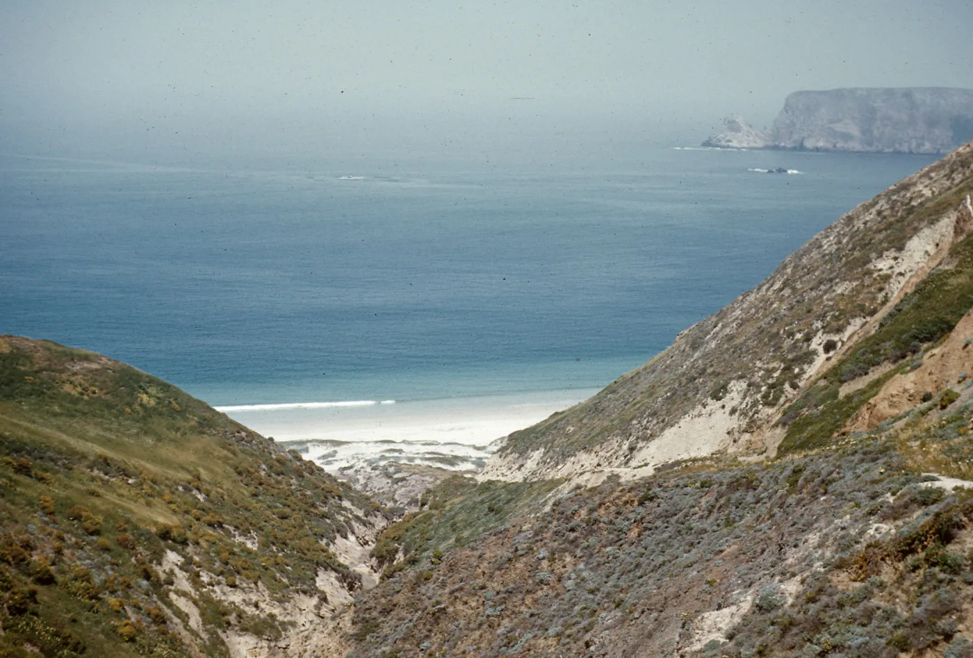 Looking down Canyon del Mar to Cuylers Harbor and Prince Island, San Miguel Island