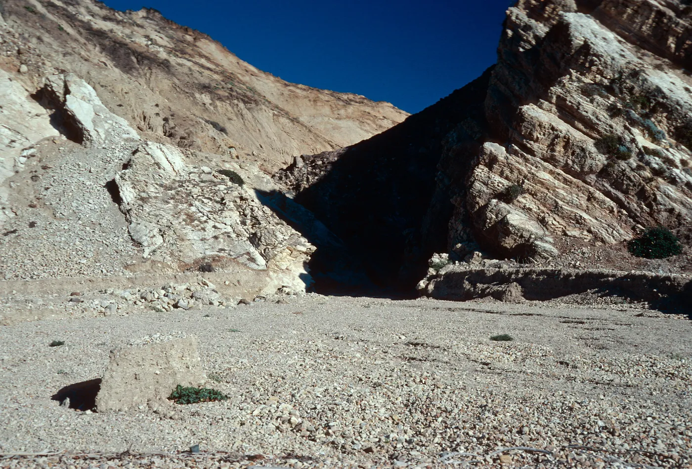 Erosion at mouth of Cañada de Calera, East end of China Harbor, Santa Cruz Island