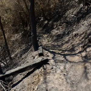 burned railroad tie retating wall on PRitchett trail after the Jesusita Fire