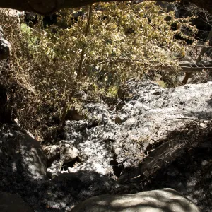 old wooden aqueduct and burned slope below Mission Dam after the Jesusita Fire
