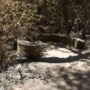 Spiral patio and circular stone bench in the Fiber Arts Display after the Jesusita Fire