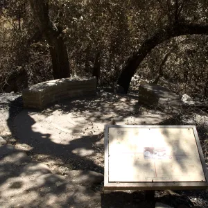 Spiral patio and circular stone bench in the Fiber Arts Display after the Jesusita Fire