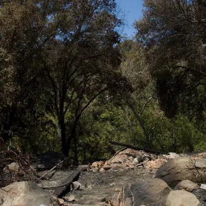 burned wood deck along canyon rim after the Jesusita Fire