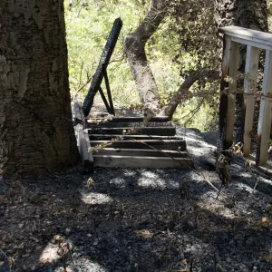 burned railing along the canyon rim, adjacent to the cottage, after the Jesusita Fire
