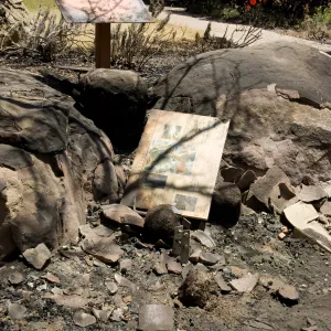 'Hardscape design', burned interpretive sign, formerly placed along the Home Deomstration deck, after the Jesusita Fire