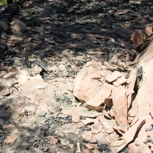 burned, flaking sandstone in the remains of the burned Home Demonstration deck after the Jesusita Fire