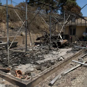 burned lath house with Hort unit building behind, after the Jesusita Fire