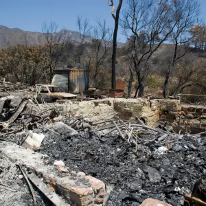 Gane House site, after the Jesusita Fire, view of burned Santa Ynez Mountain slopes behind