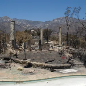 burned Gane House and Santa Ynez Mountains, after the Jesusita Fire