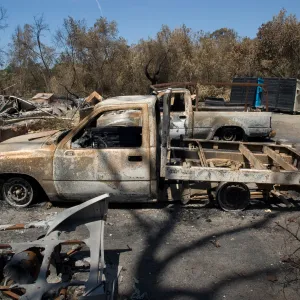 burned trucks at Gane House after the Jesusita Fire