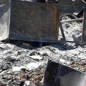 ash and burned debris at the Gane House, after the Jesusita Fire