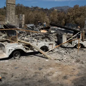 garden vehicles burned at the Gane House site, after the Jesusita Fire