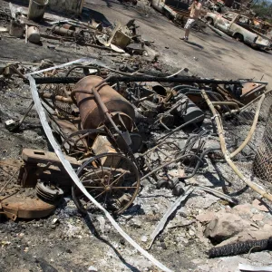 burned equipment at the Gane House site, after the Jesusita Fire