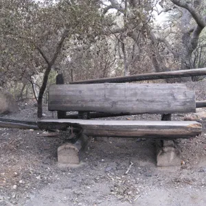 wood bench at top of the Meadow burned by the Jesusita Fire