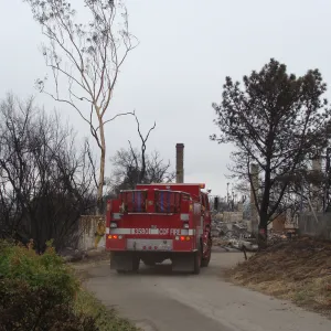 CDF fire engine at the Gane House site, after the Jesusita Fire
