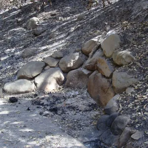 burned wood bench location on pavered path down to the Redwood Section, after the Jesusita Fire