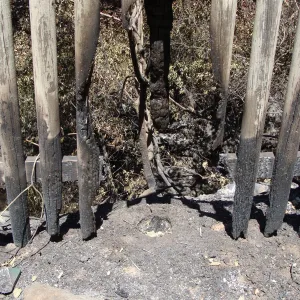 burned railing at the edge of the Picnic Area, after the Jesusita Fire