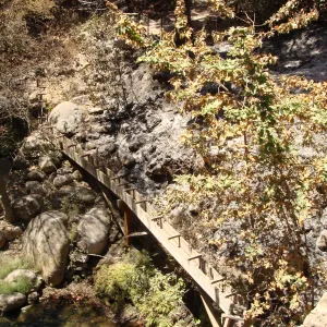 view of the wooden Aqueduct from the top of Mission Dam, after the Jesusita Fire