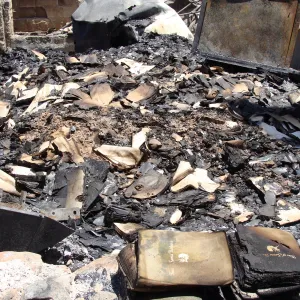 burned copies of 'Trees of Santa Barbara', at the Gane/Lotterhos building site, after the Jesusita Fire