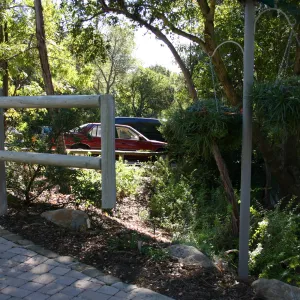 wood gate at the Visitor's Entrance to the Garden