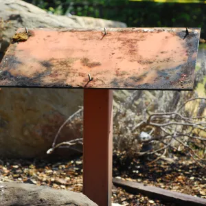 burned Hardscape interpretive sign, in the Home Demonstration Garden, after the Jesusita Fire