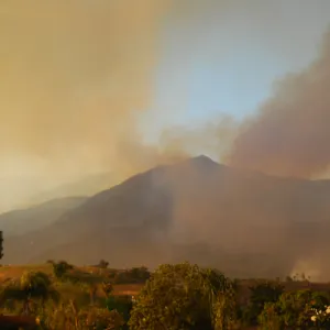 smoke from the Jesusita Fire, view from State Street near Alamar 
