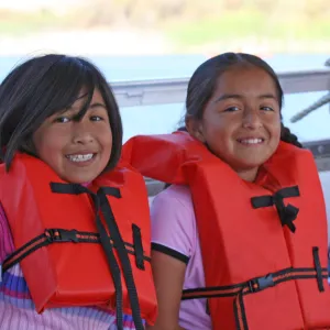 kids in life jackets, Lake Casitas, SBBG education tours, 2005-2006