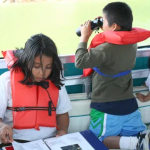 kids in life jackets, Lake Casitas, SBBG education tours, 2005-2006