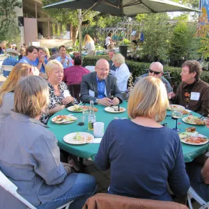 Steve and Pamme Windhager, round tables in the Courtyard, SBBG Members Picnic, 2011