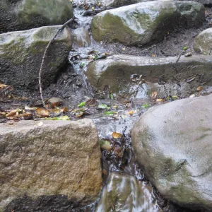 Water running off Indian steps during a hard rain