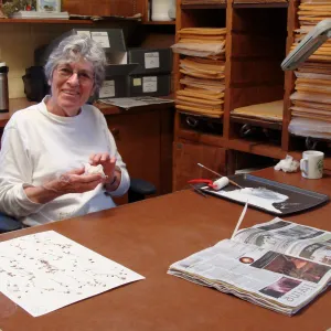 Ky Easton, SBBG Hernarium volunteer, mounting herbarium specimens, 2011
