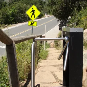 turnstiles installed at Porter Trail entrance, above Mission Canyon Road, SBBG, 2011