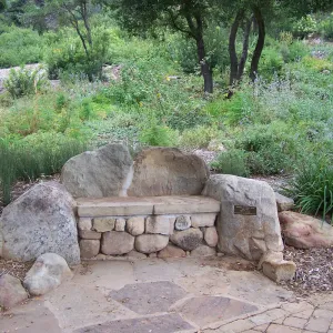 Meadow View planting area, stone bench