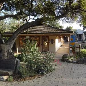 SBBG Entrance, Garden Gift Shop, North Wing, evening sunlight