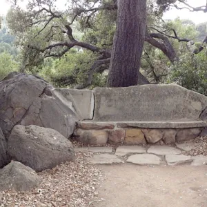 Bissel Bench, stone bench, Meadow Oaks, panorama