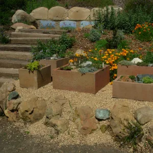 trough display garden, Meadow View, SBBG, mosaic on stone bench