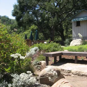 Home Demonstration Garden, wood bench, Cottage