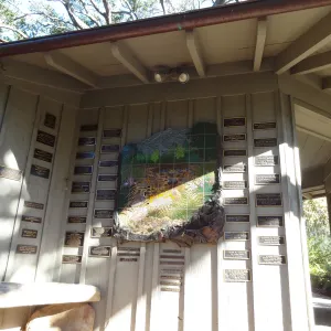 Memorial plaques on Information Kiosk, tile mosaic