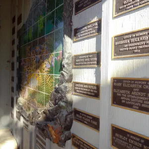 Memorial plaques on Information Kiosk, tile mosaic