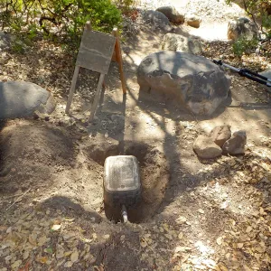 Home Demonstration Garden Renovation, first day of demolition work, irrigation box