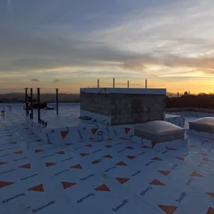 Pritzlaff Conservation Center Construction, looking southwest across roof, temporary waterproofing