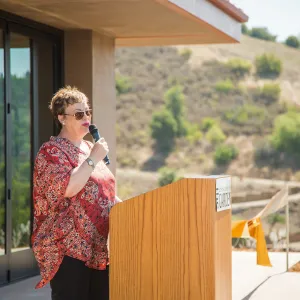 Pritzlaff Conservation Center Ribbon Cutting Celebration, Ann Symington speaking to guests