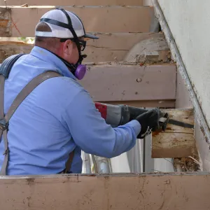 Library structural repair work, east side decking